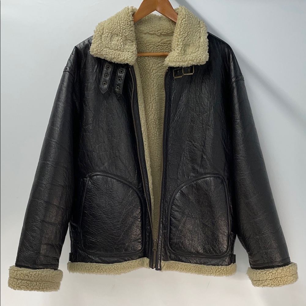 Wilsons Leather Black Aviator Jacket with Cream Sherpa Lining